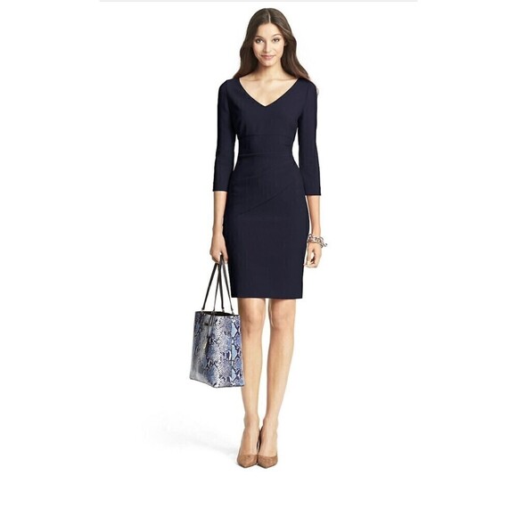 Diane Von Furstenberg Bevin 3/4 Sleeve Dress Knee Length Ruched Navy Size 8 - Picture 1 of 9